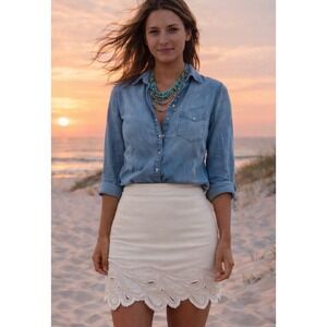 French Connection Cream Brushed Twill Cut Out Lace Hem Lined Mini Skirt Size 4